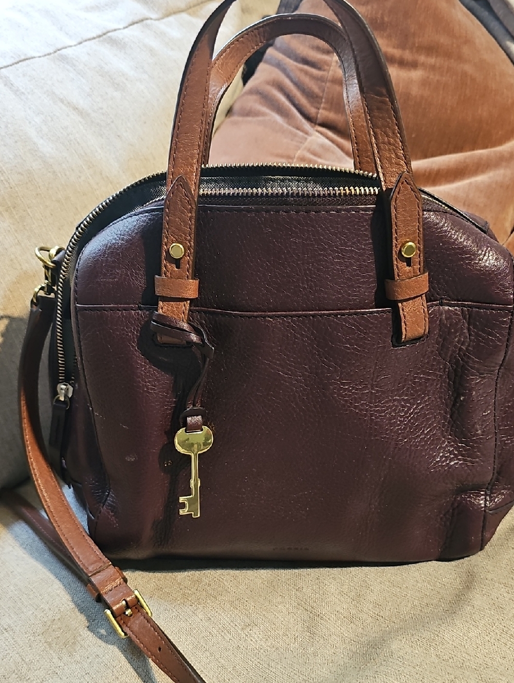 Women's Leather Rachel Satchel Handbag - Deep Plum with Tan Handles